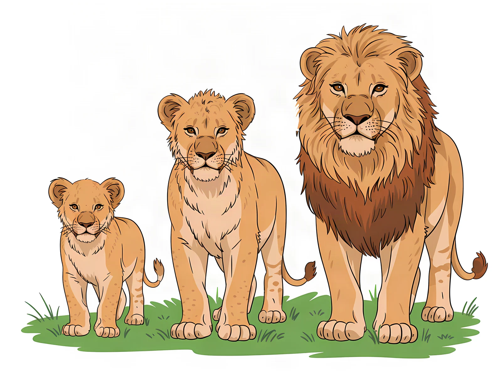 A lion cub, a young lion and a grown lion standing side by side on grass